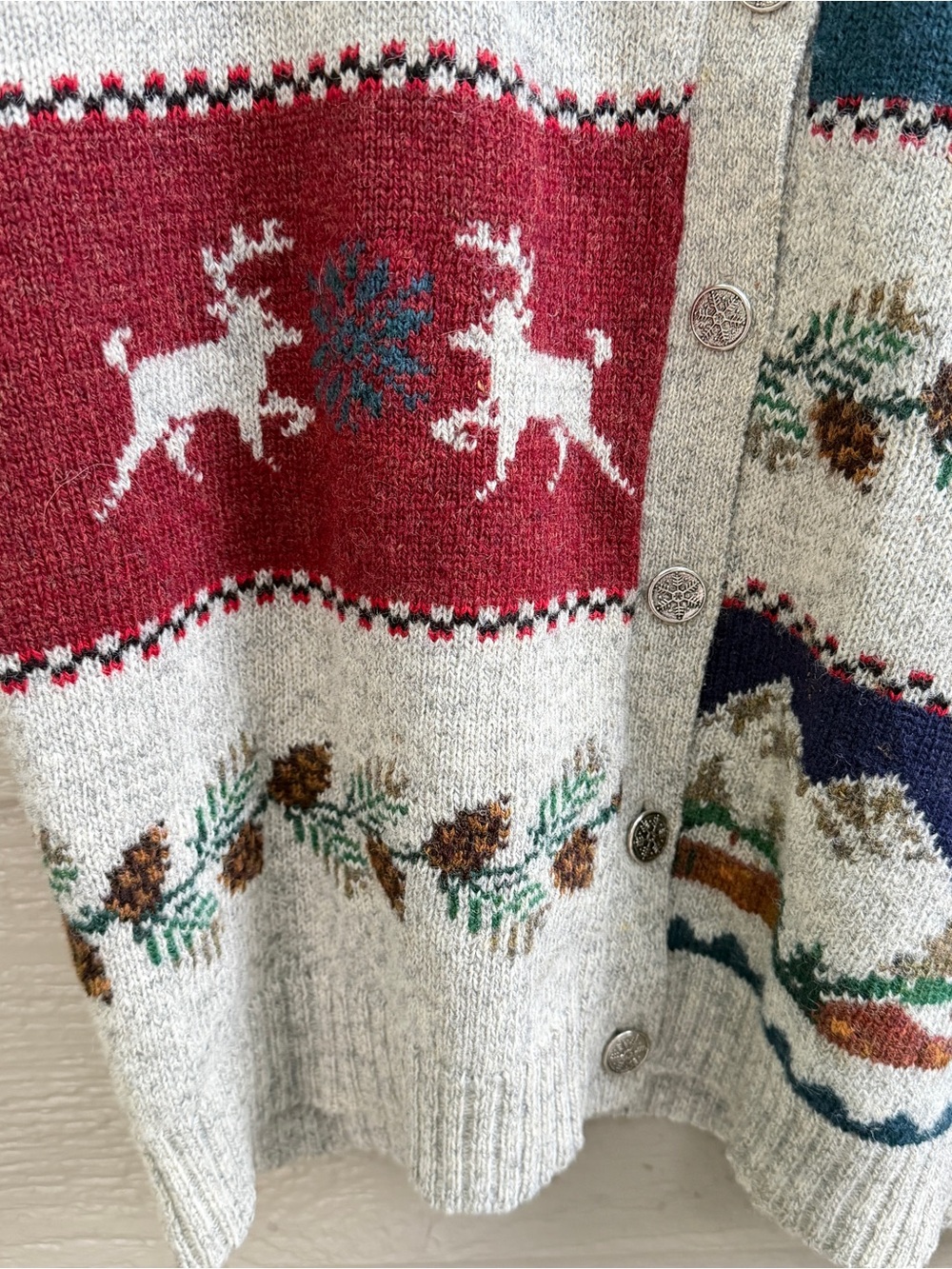 Vintage Woolrich Sweater Women XL Gray Wool Cardigan Fair Isle Deer Mountain 90s - Picture 9 of 13